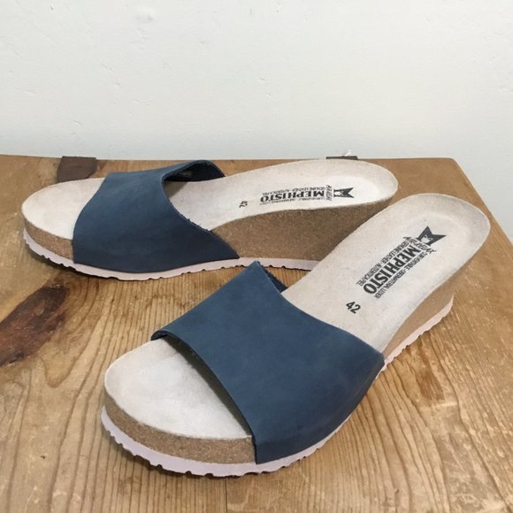 Mephisto 42 Women Blue Nubuck Leather Mule Sandal Wedge 2.5" Heel Size 10 - Picture 2 of 12